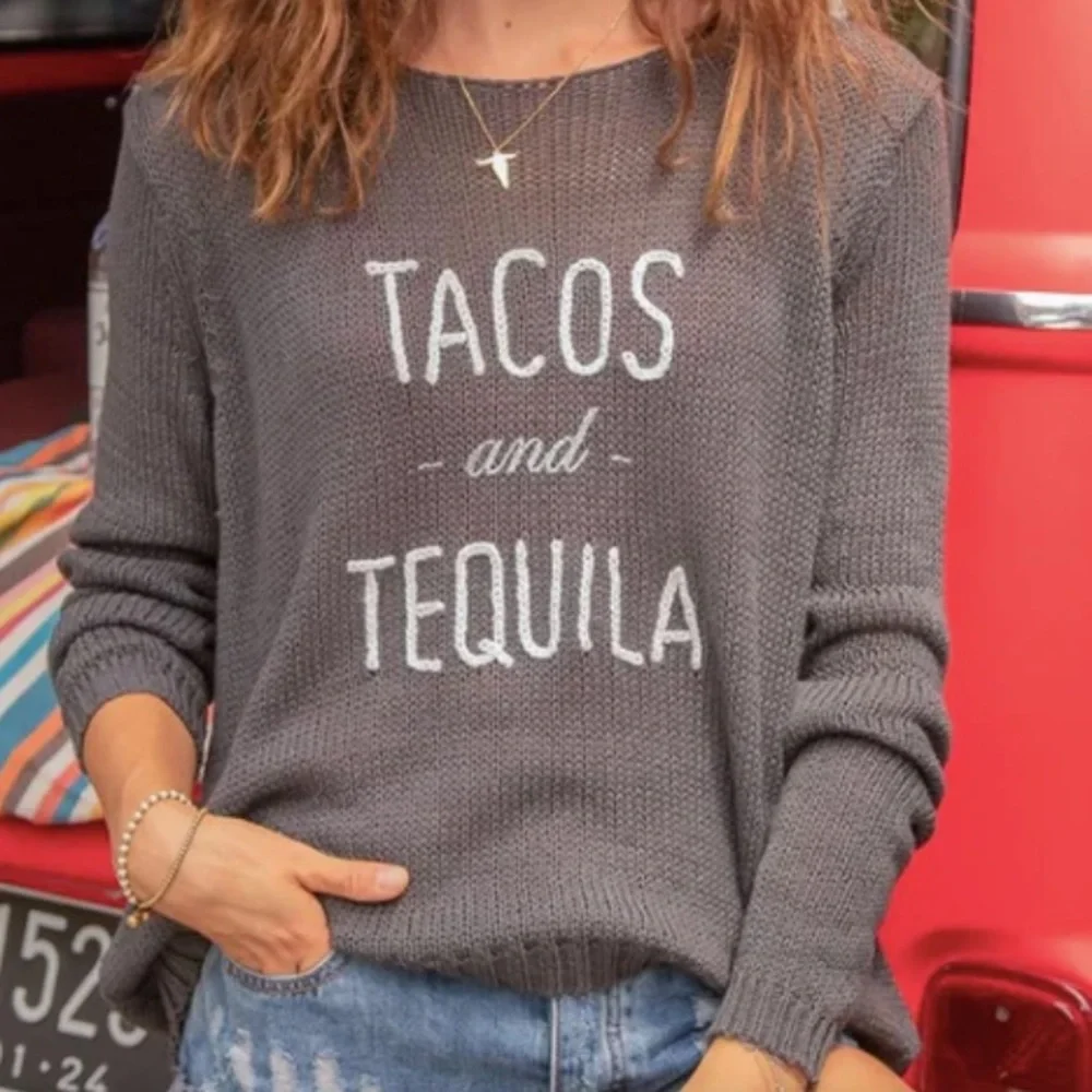 NWT Wooden Ships Tacos and Tequila Sweater Knit Top Crew Grey Bold Ink Sz S/M - Picture 1 of 6